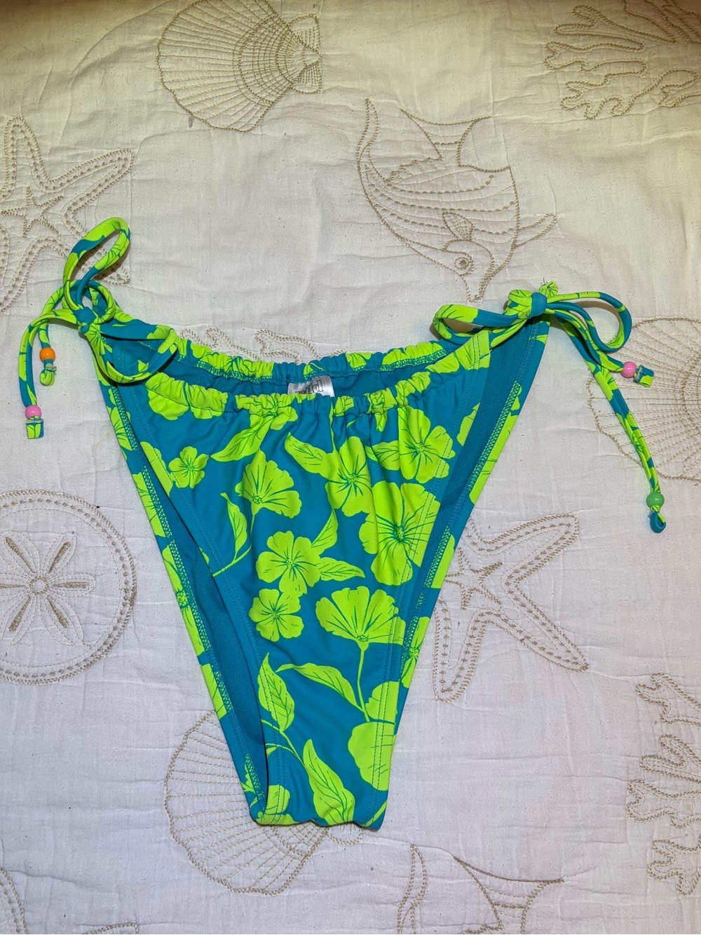 Tropical Floral Print Tie-Side Swim Cheeky Bottoms In Blue & Neon Green. XL